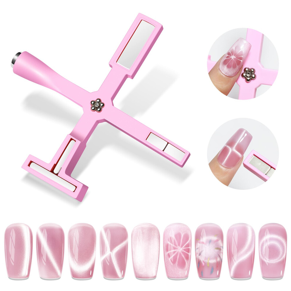 Pink 5 In 1 Cat Eye Nail Magnet Tool With 5 Heads For Diy Gel Polish Manicure Effects