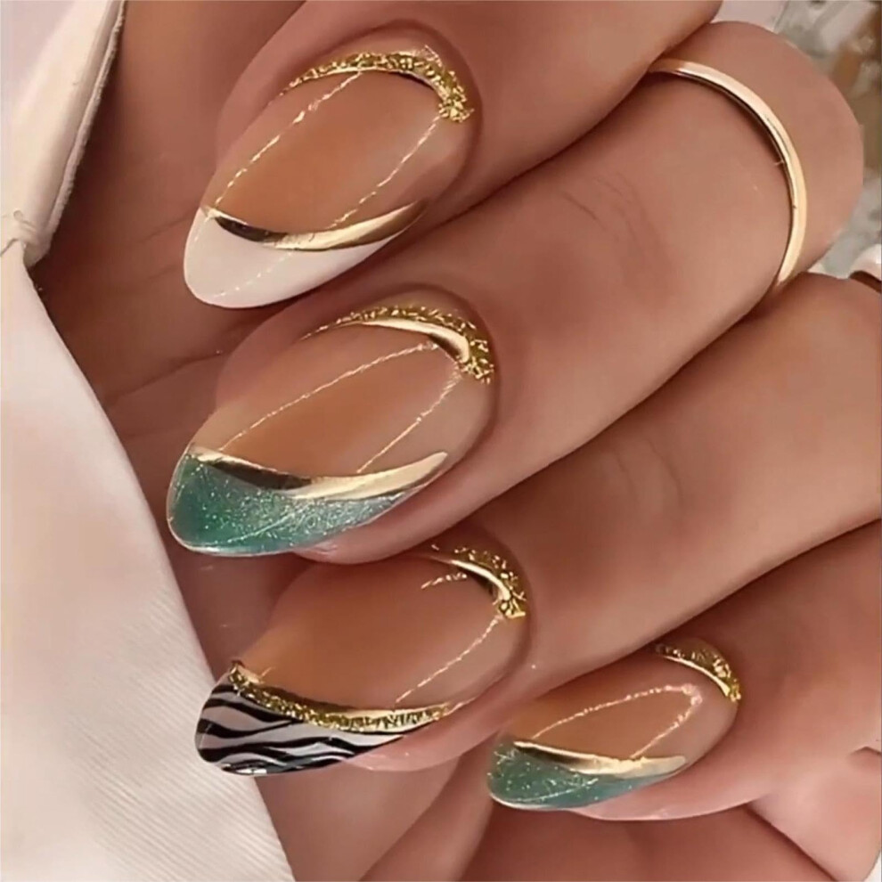 Green Medium Almond Press On Nails With Glue, Zebra Stripe Acrylic False Nails Set, 24Pcs