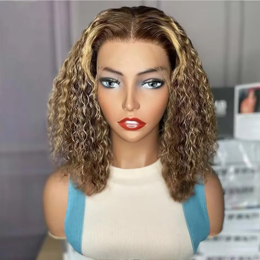 Unisex 13X4 Hd Lace Front Human Hair Curly Bob Wig 4/27 Highlight Ombre Short Glueless Natural Hairline