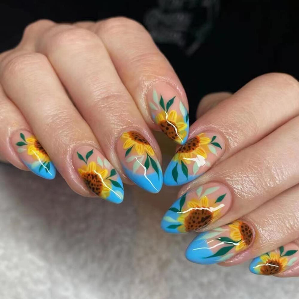 Almond Press on Nails with Sunflower Design, Reusable Glossy Fake Nails Set for Women