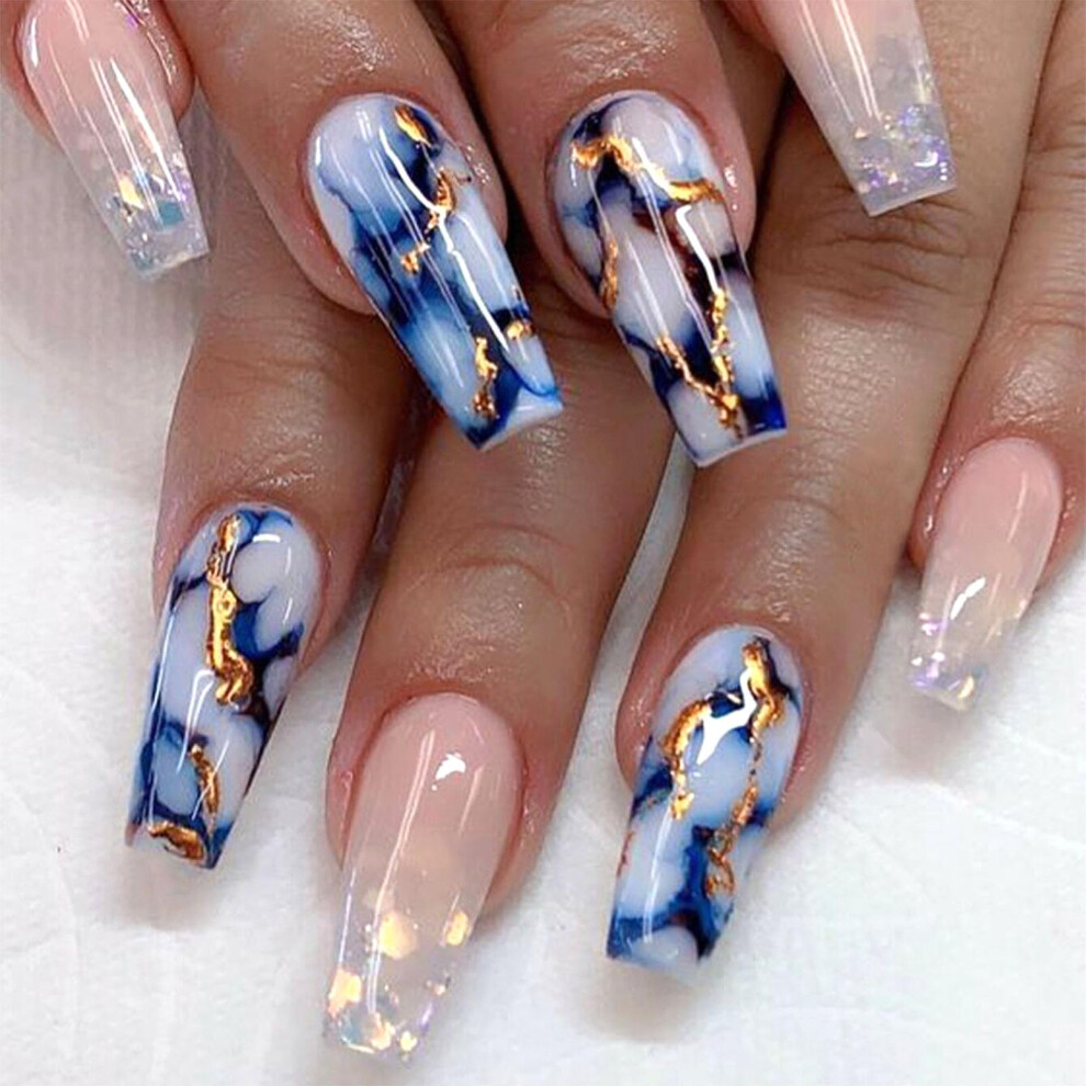 Blue Medium Coffin Press On Nails With Marble Sequins, Glossy Acrylic Full Cover Fake Nails 24Pcs