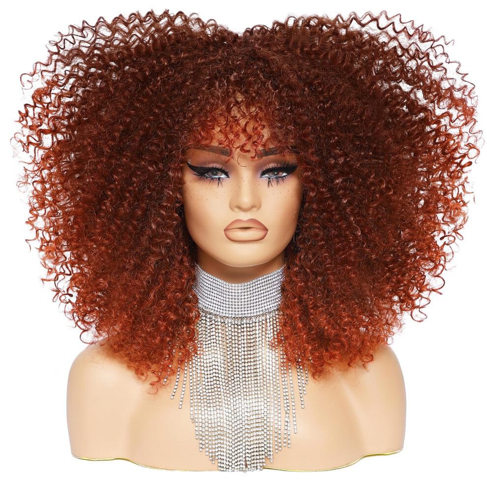 Unisex Black Curly Wigs For Women 16 Inch Glueless Afro Wig With Bangs Synthetic Heat Resistant Hair