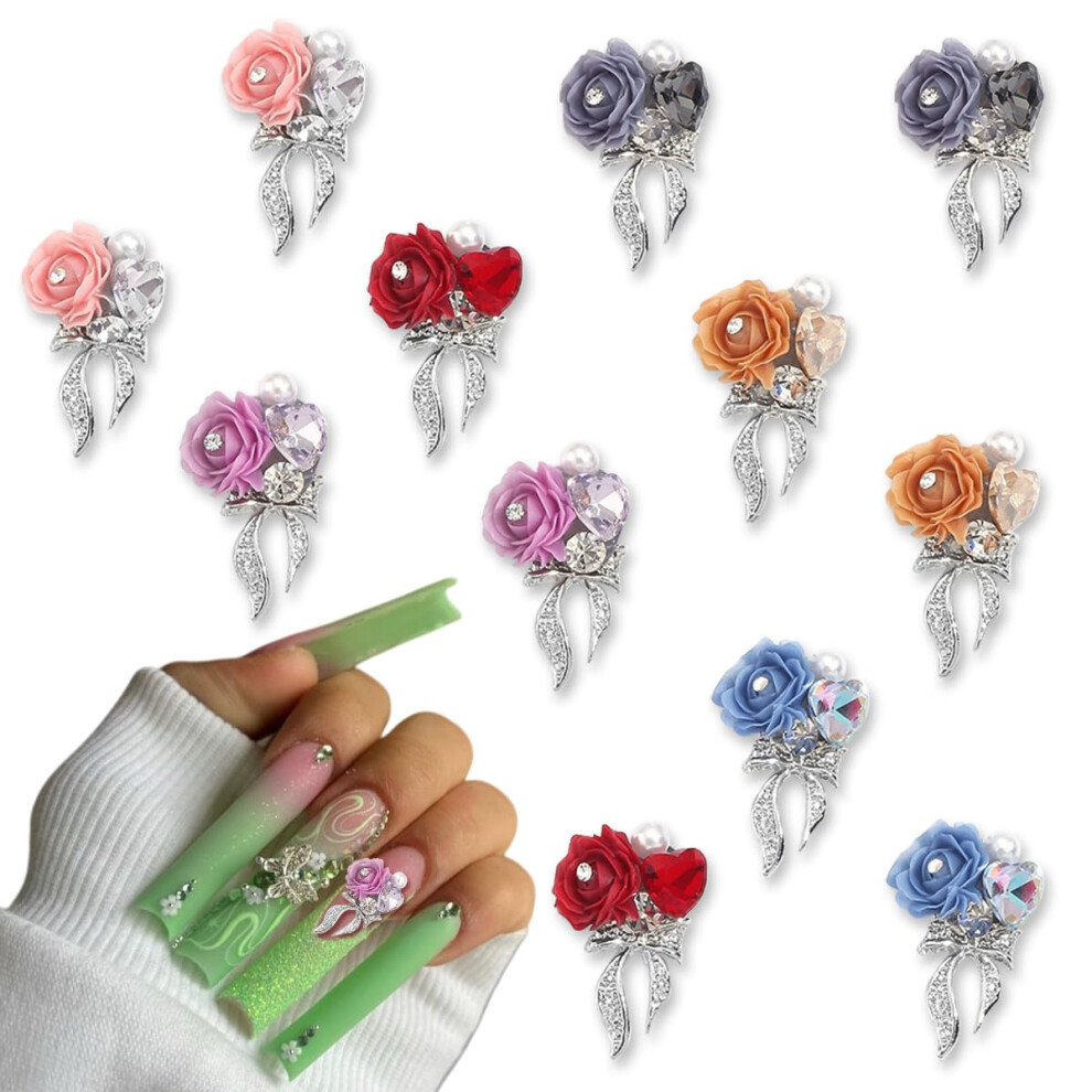 12pcs 5D Bowknot Camellia Nail Charms Colorful Rhinestone Nail Art Decorations for Acrylic Gel Nails