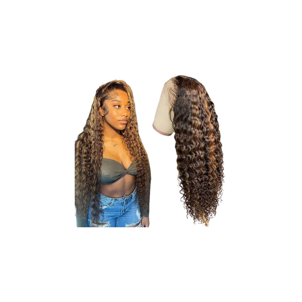 Unisex Black Long Curly Ombre Blonde Human Hair Lace Front Wig, Deep Wave Hd Transparent Lace For Women