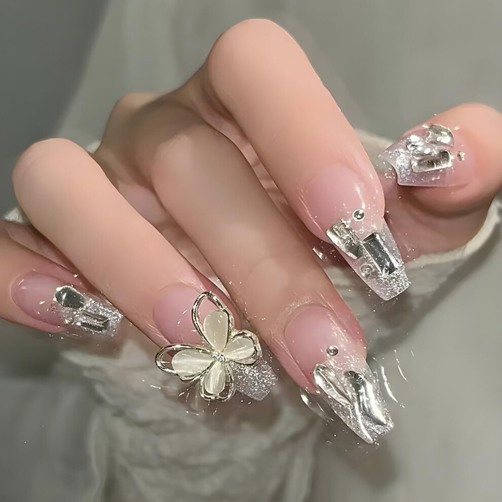 Long Coffin Press On Nails with Rhinestones and Butterfly Design, Nude Glitter Reusable Tips