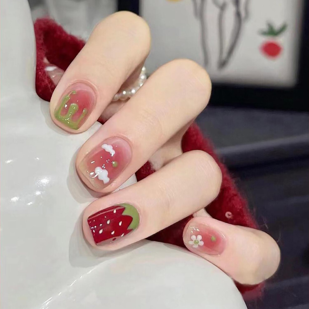 Strawberry Coffin Press On Nails Short Square Reusable Fake Nails for Women with Decorative Designs