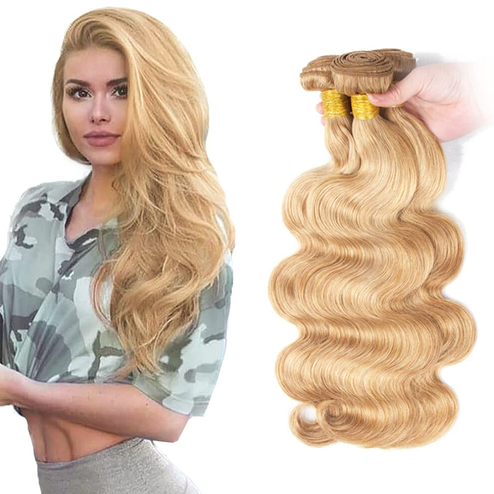 Unisex P27/613 Honey Blonde Body Wave Human Hair Bundles Natural Virgin Weave 16 18 20 Inch