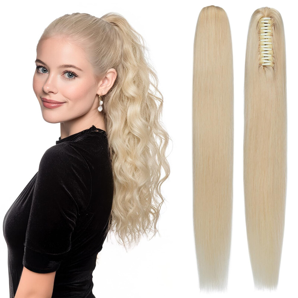 Unisex Bleach Blonde 22' Human Hair Claw Clip Ponytail Extension Natural Look Secure Hold For Women