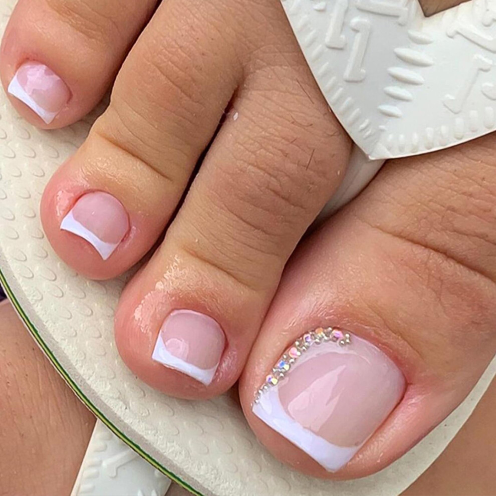 Pink Fake Toenails French Tip Rhinestone Square Press On For Instant Salon Pedicure 24Pcs Set