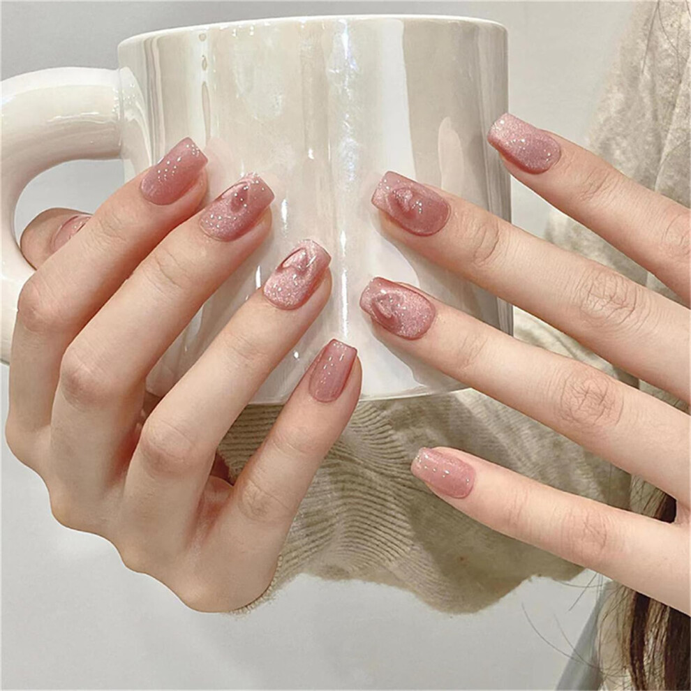 Coffin Press on Nails Set French Tip Fake Nails with Heart Diamond Cat Eye Design 24pcs