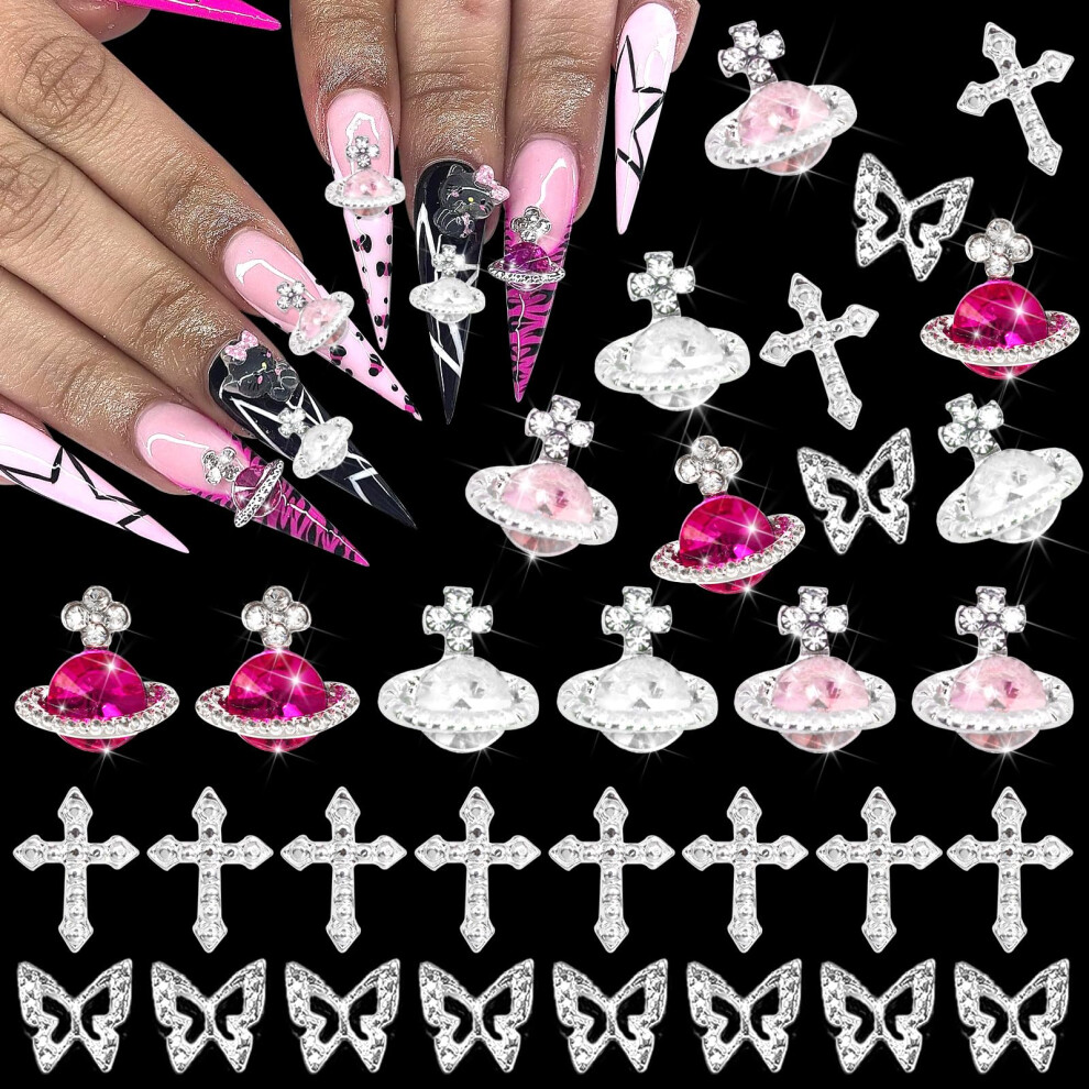Silver 32Pcs 3D Metal Butterfly Nail Charms With Saturn Planet Rhinestone And Cross Nail Decorations