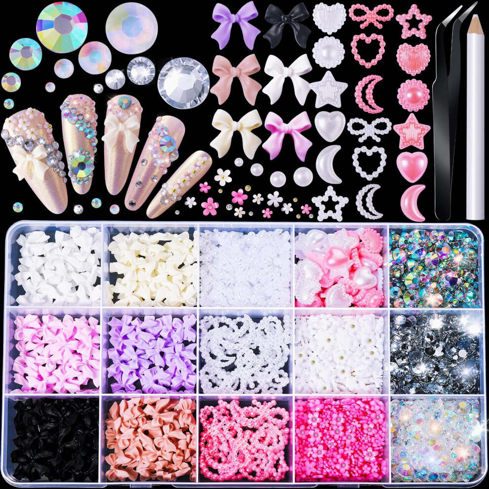 Nail Art Charms and Gems Set with Bow Charms, Pearls and Rhinestones in 15Grid Case