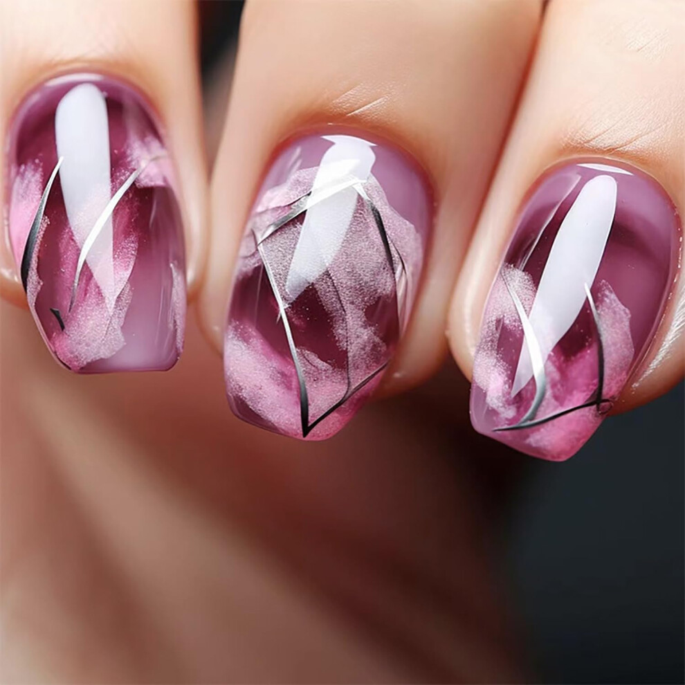 24Pcs Short Purple Coffin Press On Nails Acrylic French Style Fake Nails Reusable Nail Tips