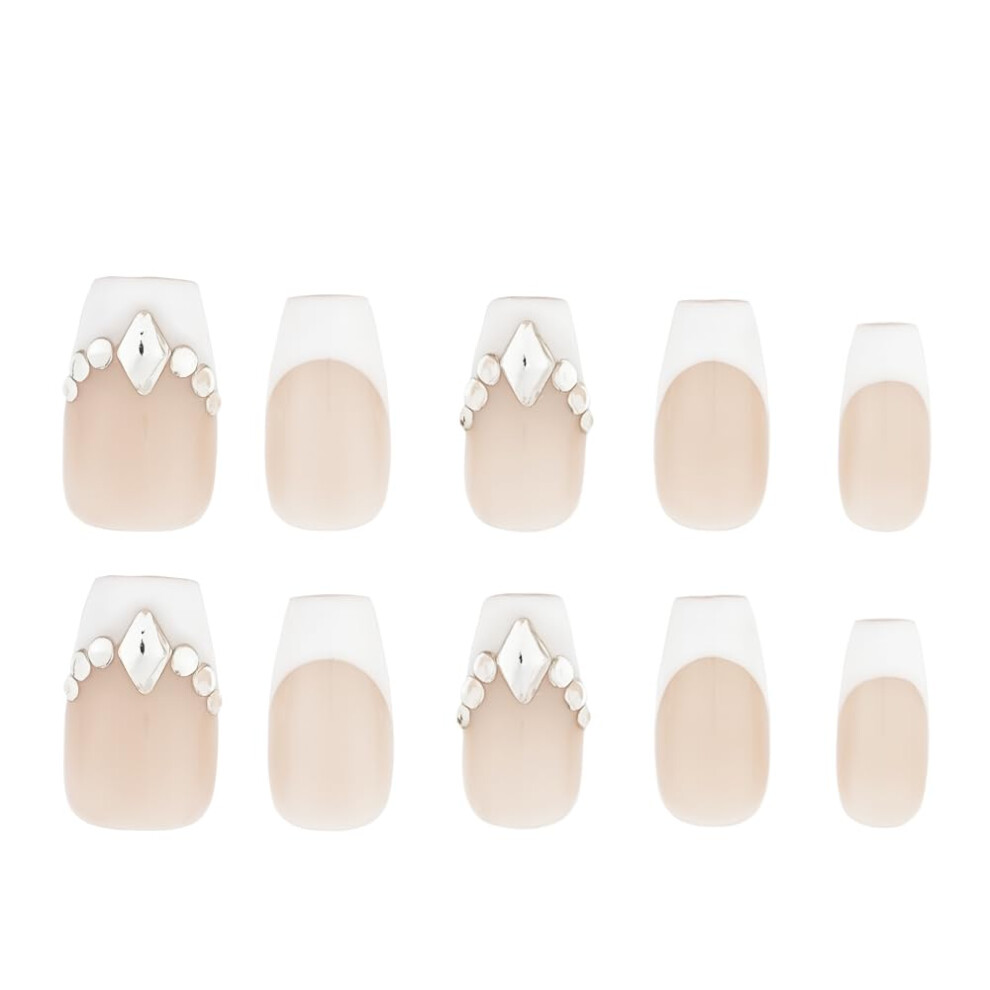 White Short Coffin French Tip Press On Nails With Glue, Acrylic Fake Nails For Women