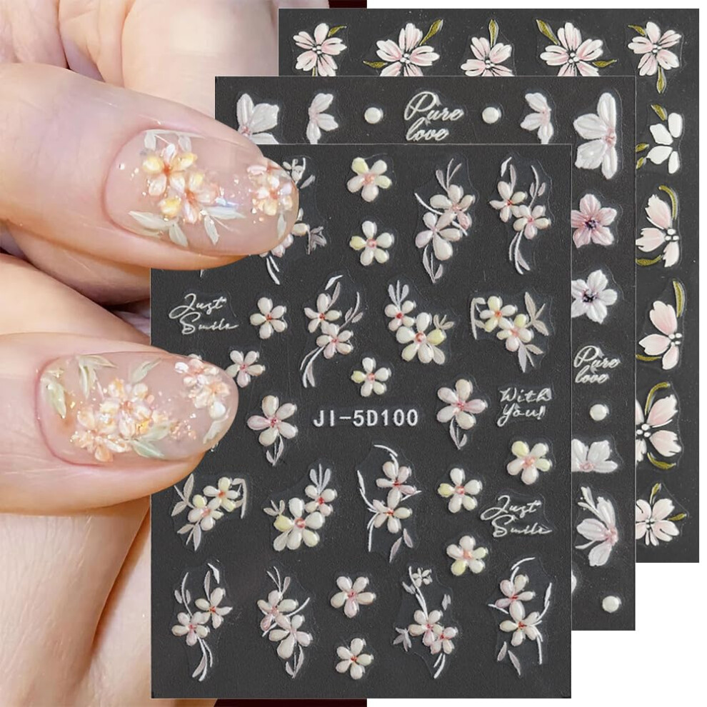 Pink 5D Embossed Sakura Flower Nail Art Stickers Set, 6 Sheets Cherry Blossom Spring Floral Decals