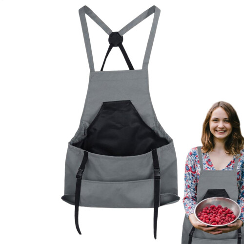 Waterproof Gardening Apron with Large Capacity Pockets, Crossover Back, Adjustable Fit, Gray