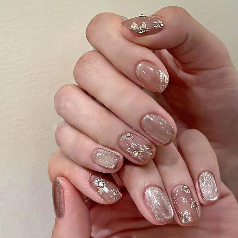 Coffin Press On Nails with Rhinestones Cat Eye Acrylic Medium Full Cover Set 24pcs