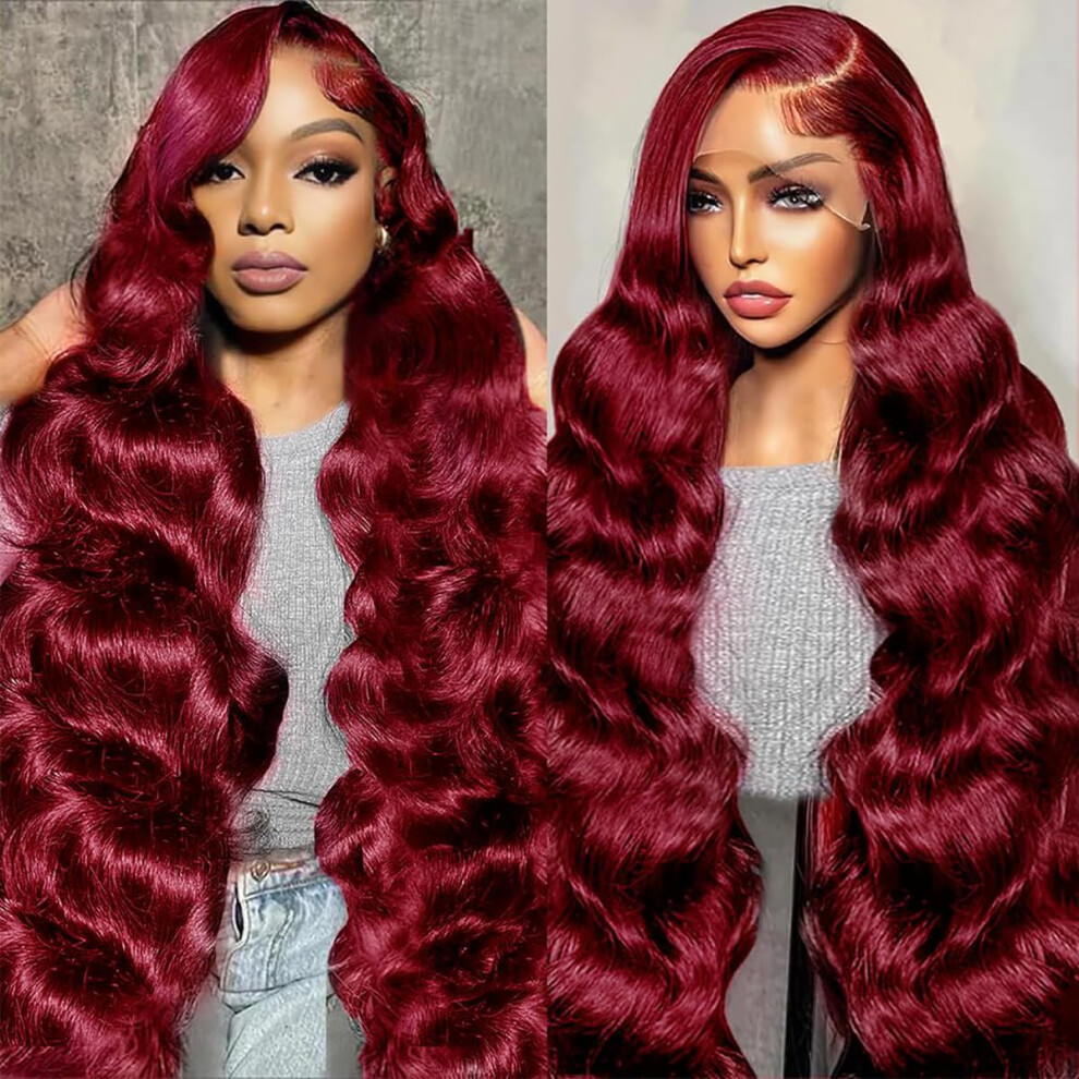 Unisex Red 99J Burgundy Human Hair Lace Front Wig 13X6 Hd Body Wave, Glueless Natural Hairline, 20 Inch