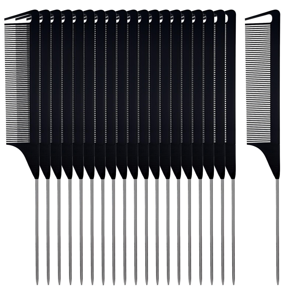 Unisex Black 40Pcs Steel Needle Rat Tail Comb Set For Precise Hair Sectioning And Styling, Anti Static Carbon Fiber, Heat Resistant,