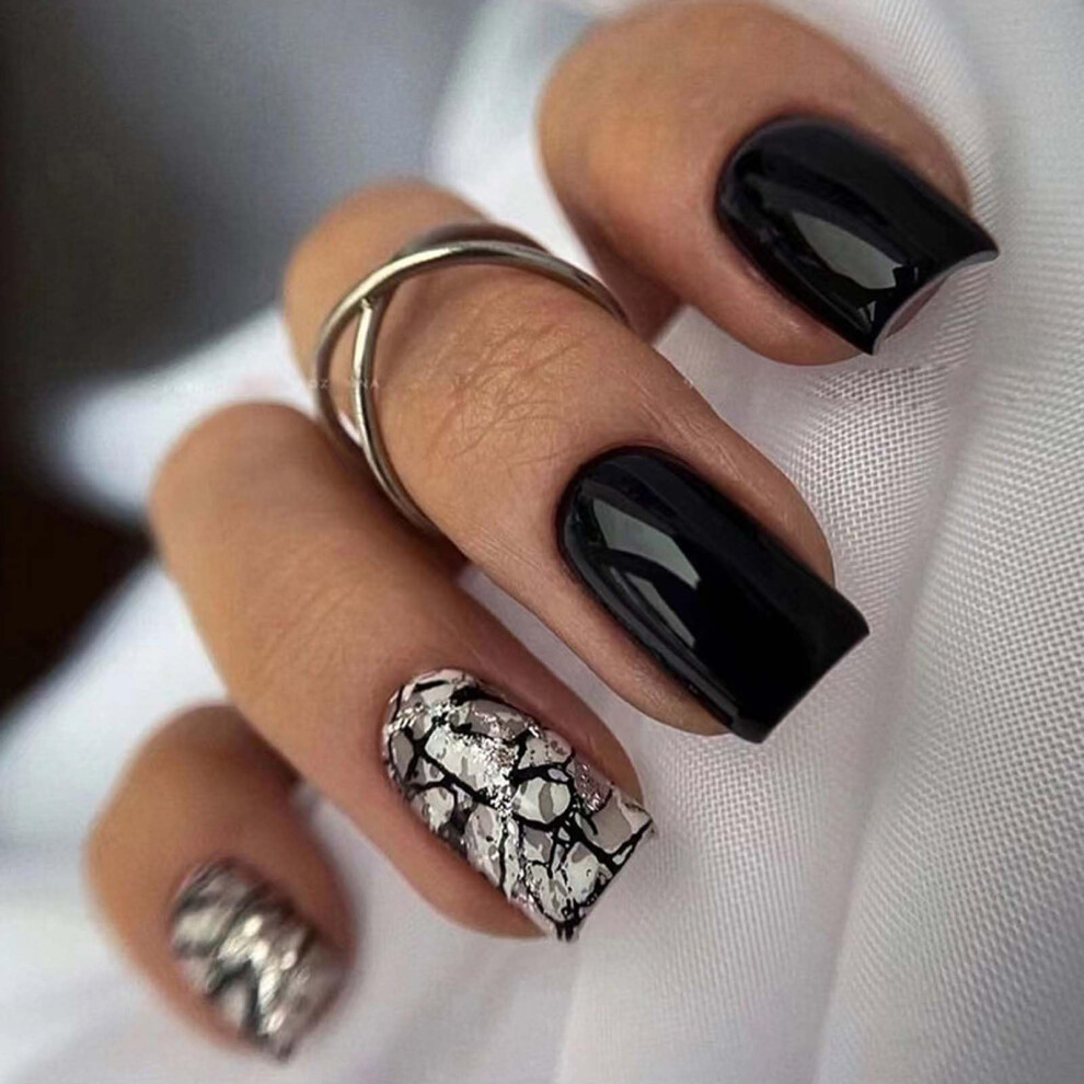 Black Press On Nails Short Square Glossy Full Cover False Nails Set With Glue And Adhesive Tabs 24Pcs