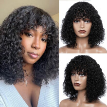 12 Inch Short Curly Human Hair Wig with Bangs Brazilian Virgin Hair Glueless Bob 150% Density