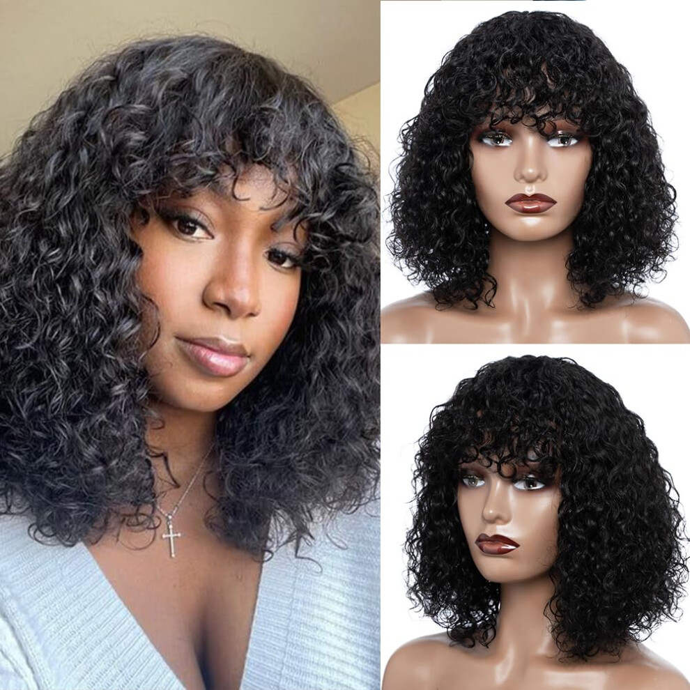 12 Inch Short Curly Human Hair Wig with Bangs Brazilian Virgin Hair Glueless Bob 150% Density