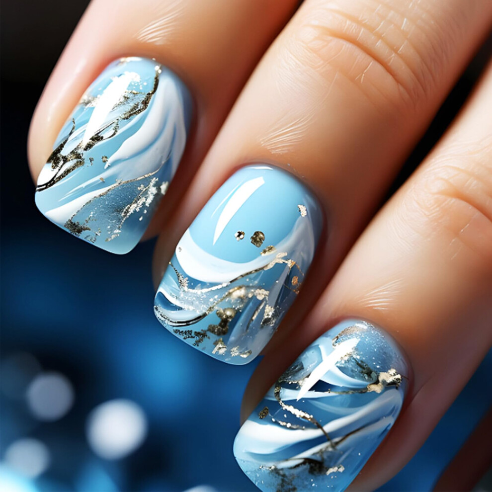 Blue,Gold Reusable Blue Ombre Press On Nails With Gold Foil Accents, Short Square Acrylic Fake Nails Set