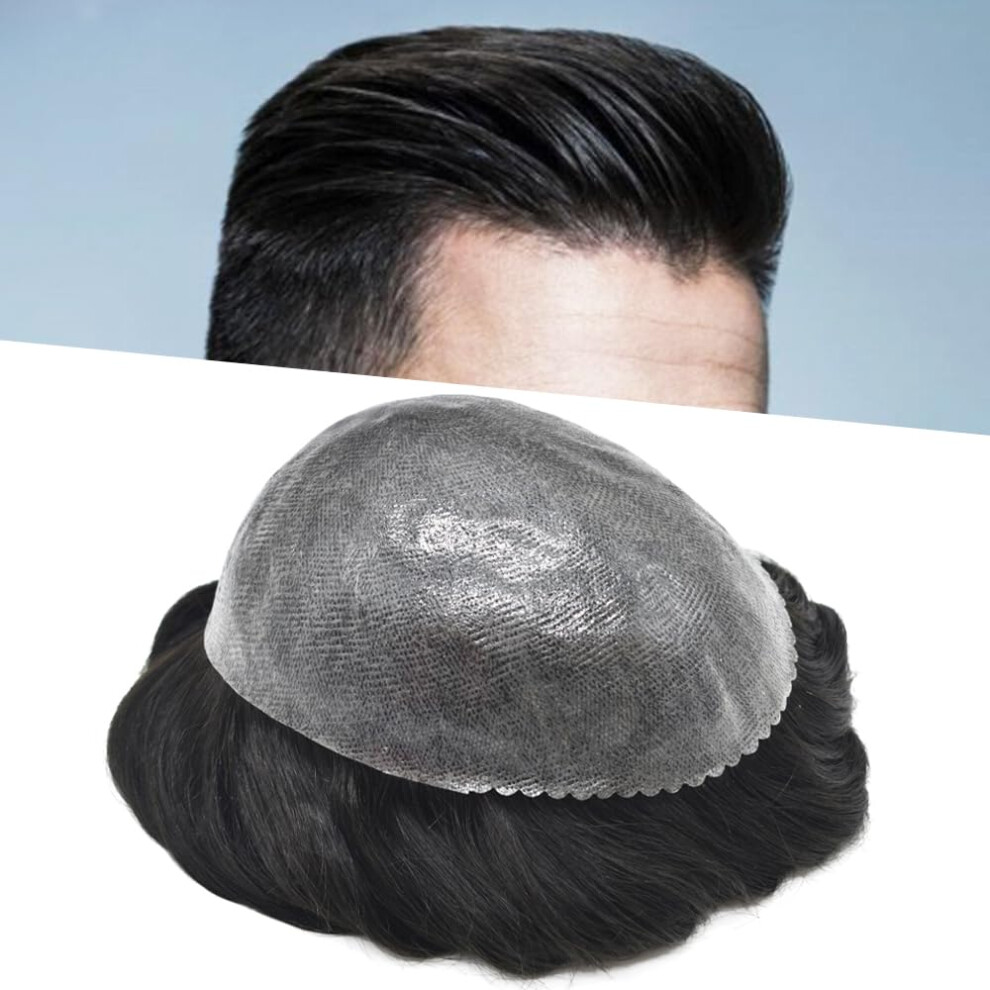 Unisex Black Mens Toupee Real Human Hair Poly Skin Hair Replacement System 8X10 Off Natural Hairline