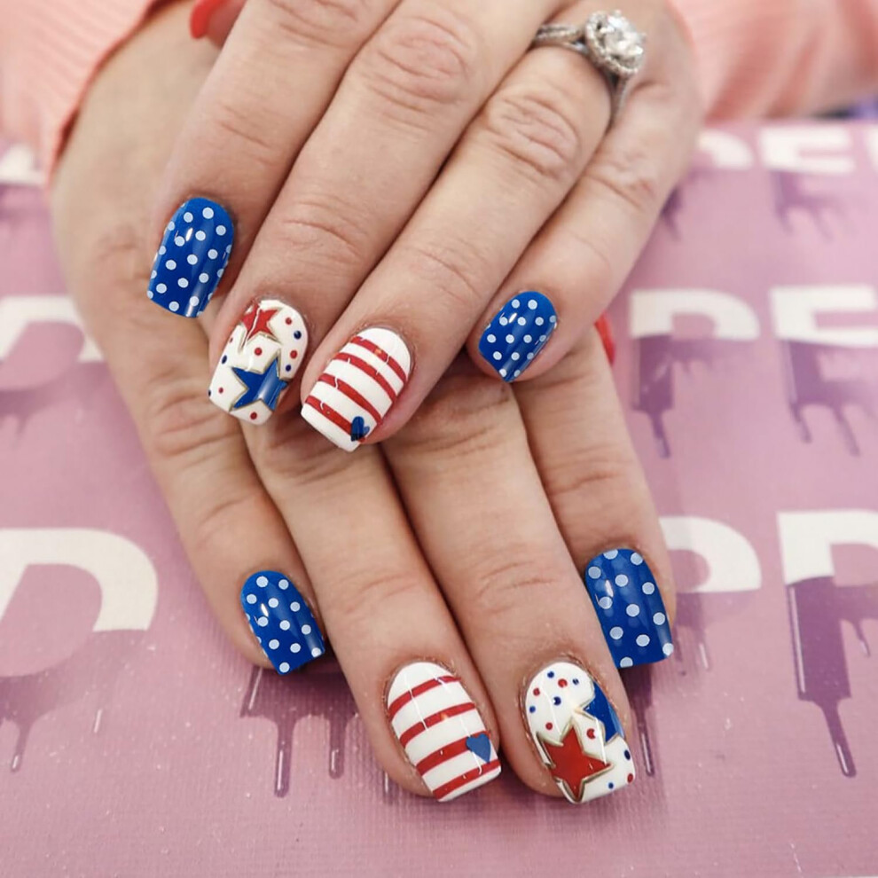 Blue,White,Red Fourth Of July Press On Nails Red White Blue Patriotic Square Acrylic Fake Nails 24Pcs