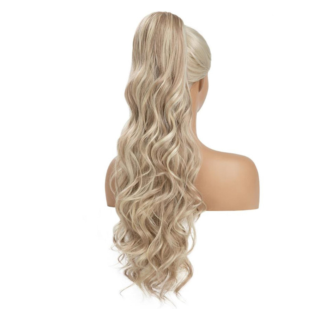 Unisex Blonde Curly Drawstring Ponytail Hair Extensions 27In Synthetic Long Wave Hairpiece For Women