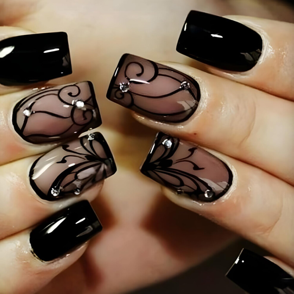 Black Short Coffin Press On Nails With Glue Reusable Glossy Solid Fake Nails 24Pcs
