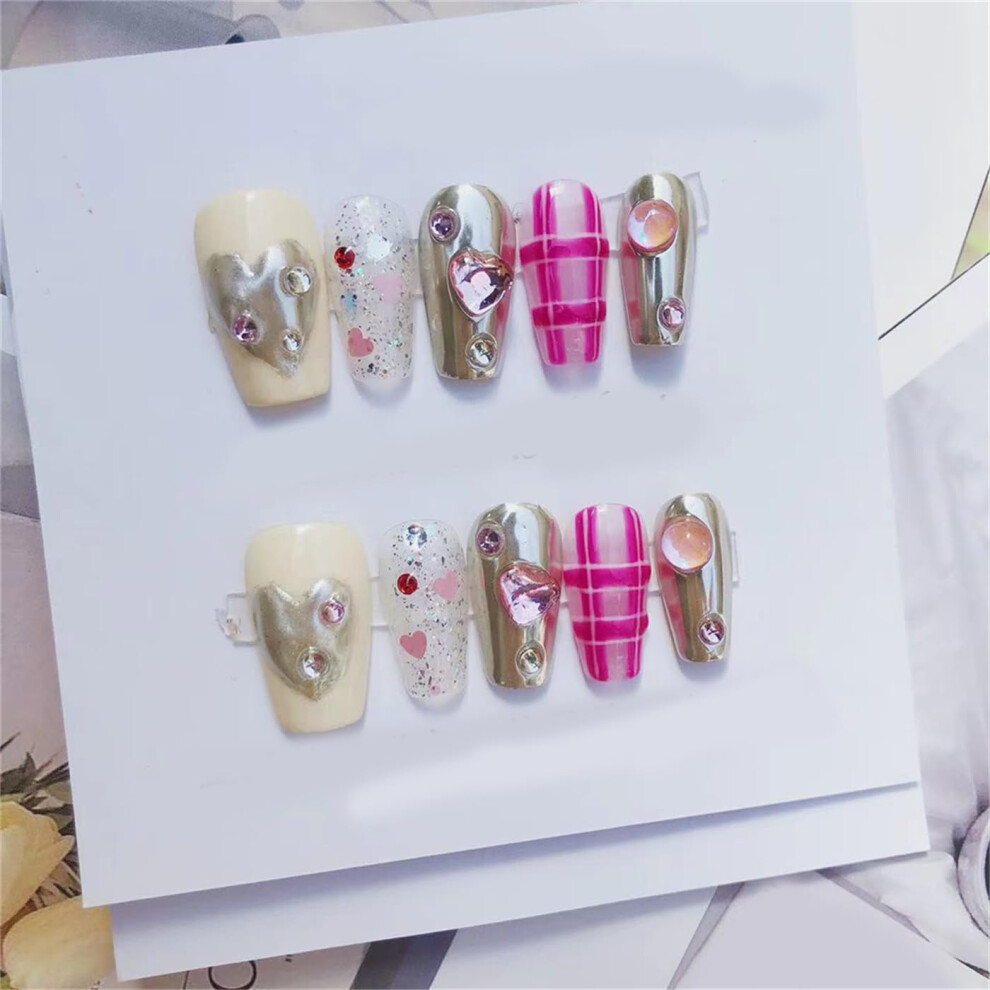 Handmade Coffin Press On Nails Set with French Tip Heart Design, Reusable Glue On Nails 10pcs
