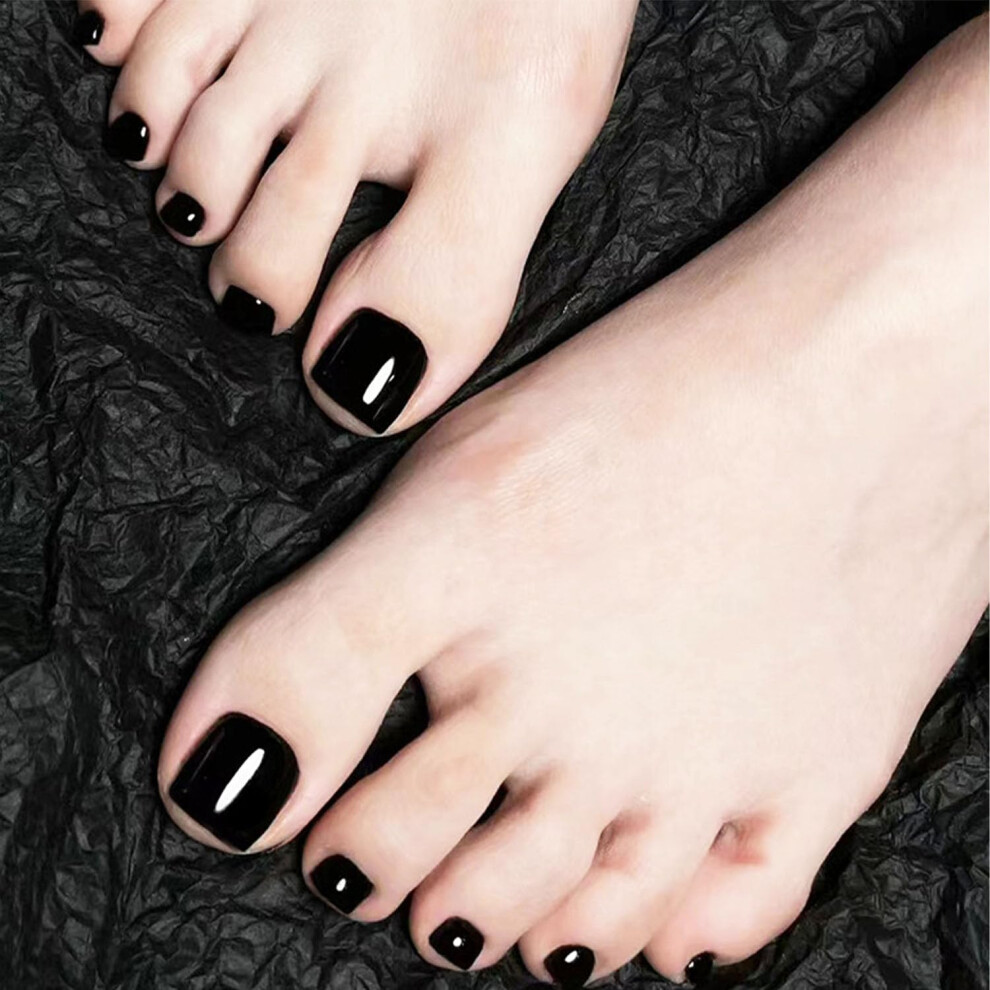 Black Press On Toenails Short Square Glossy Full Cover Acrylic False Toenails For Women 24Pcs