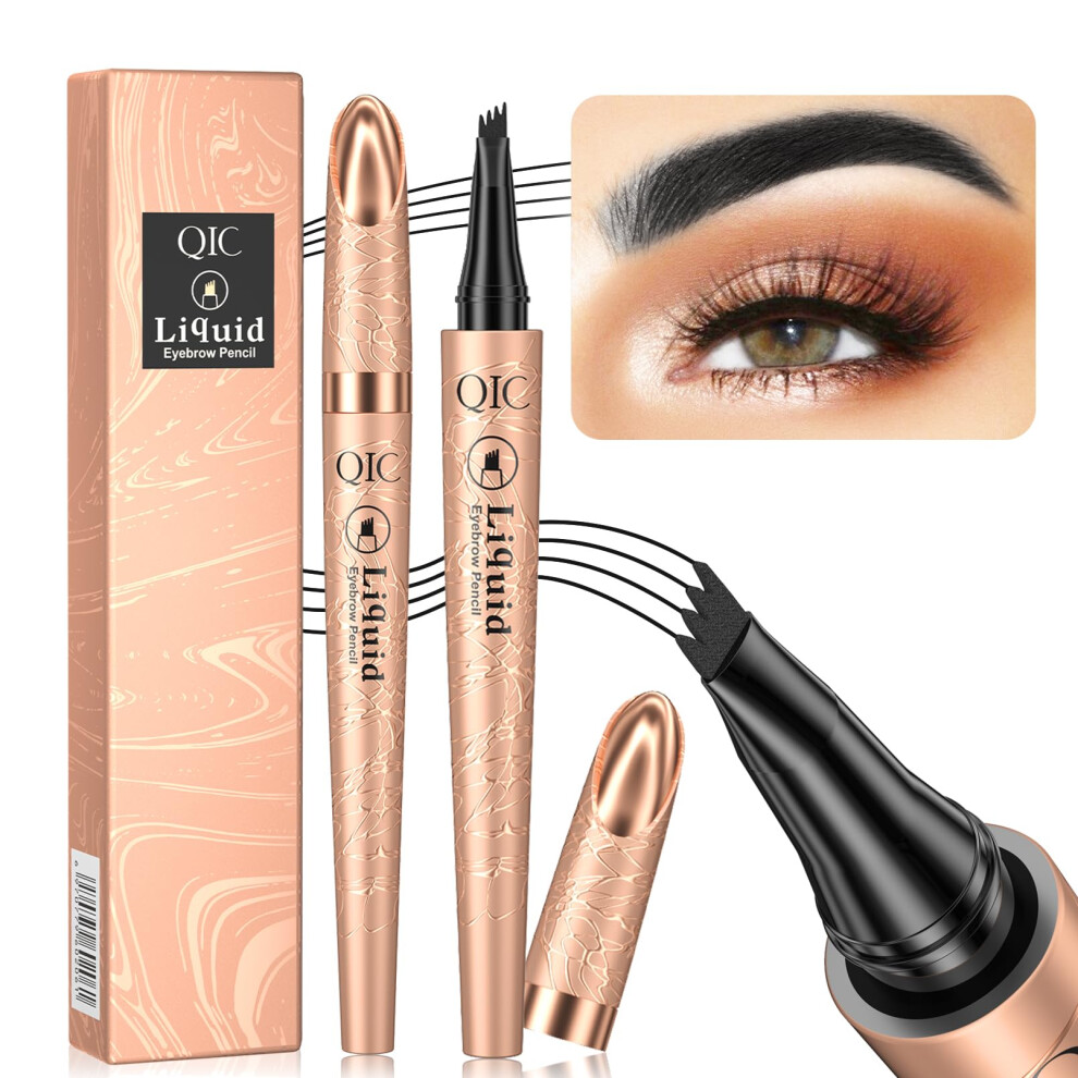 Black Waterproof Eyebrow Pencil With 4 Fork Tip, 3D Microblading Pen For Natural Hairlike Brows,