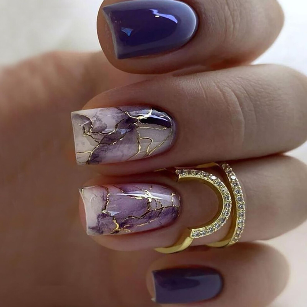 Purple Marble Press on Nails Square Medium Glossy Acrylic Fake Nails Instant Salon Look 24Pcs
