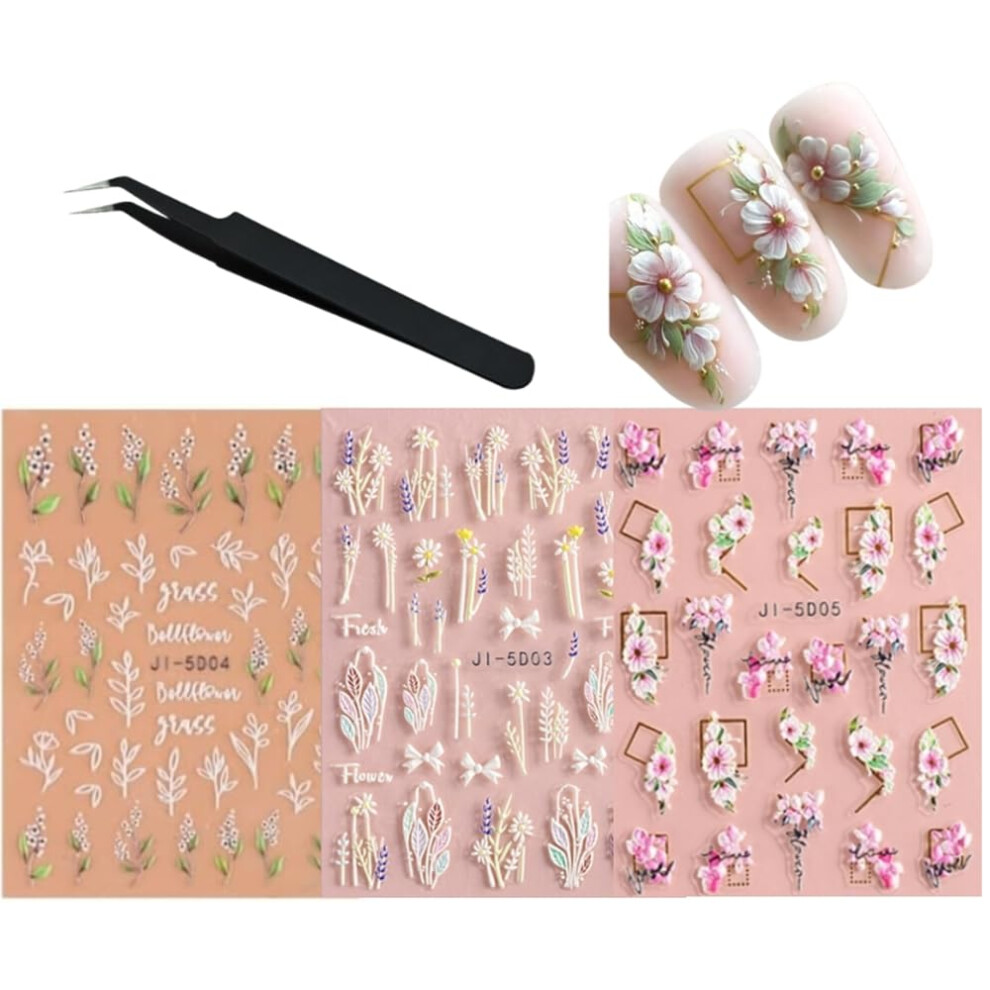 3 Sheets 5D Embossed Floral Nail Art Stickers with Tweezer, 3D Butterfly and Flower SelfAdhesive