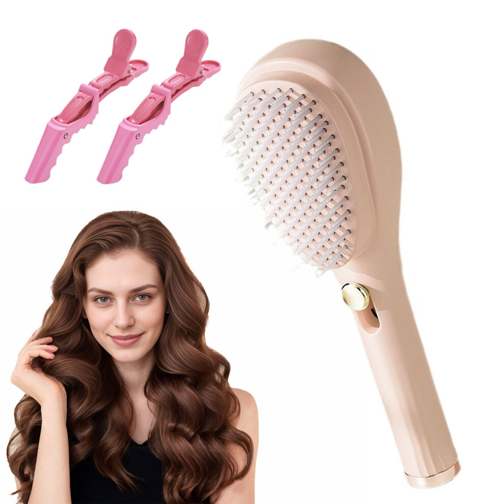 Self Cleaning Detangling Hair Brush with OneClick Hair Release, AntiStatic Massage for Wet and Dry Hair (Beige)