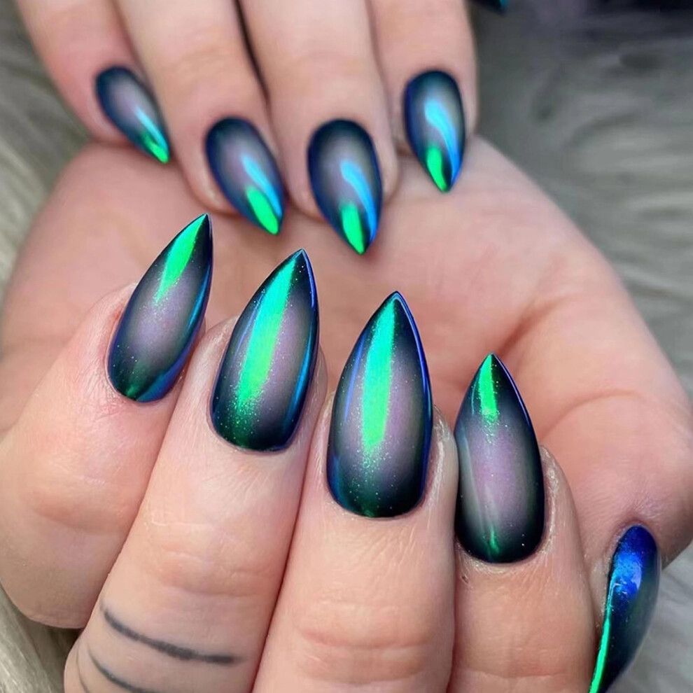 Green Medium Almond Press On Nails Ombre Cat Eye Bling Glitter Acrylic Fake Nails 24Pcs