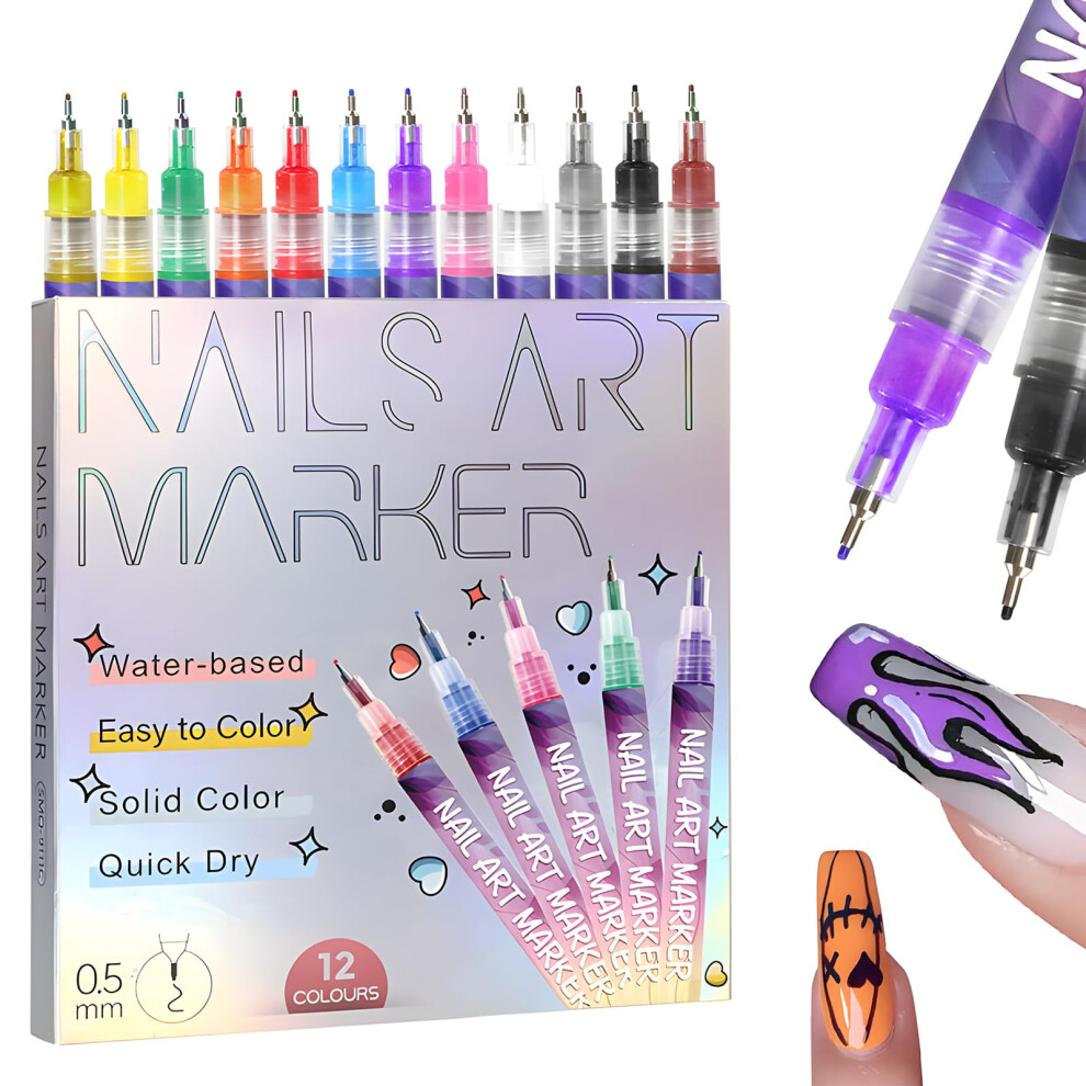 Nail Art Pens Set 12 Colors with Precise 0.5mm Tip, WaterBased Markers for Drawing and Detailing