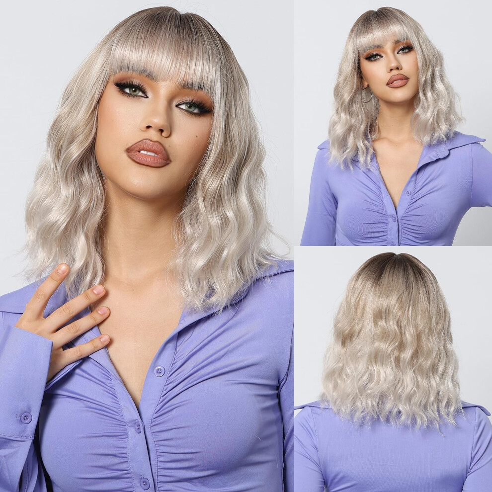Unisex White Short Bob Wig With Bangs Blonde Ombre Wavy Heat Resistant Synthetic For Women