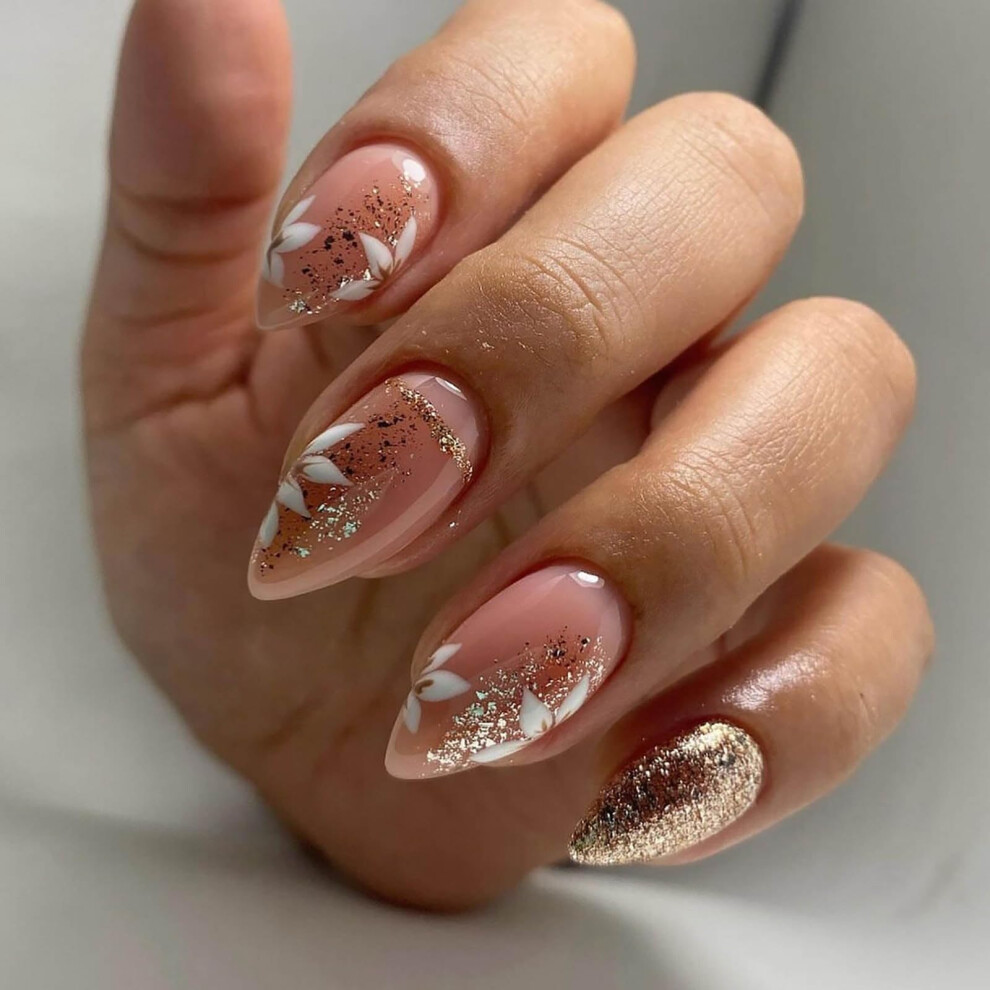 Short Almond Press On Nails with Glue, Floral Acrylic Fake Nails for Women Summer Manicure