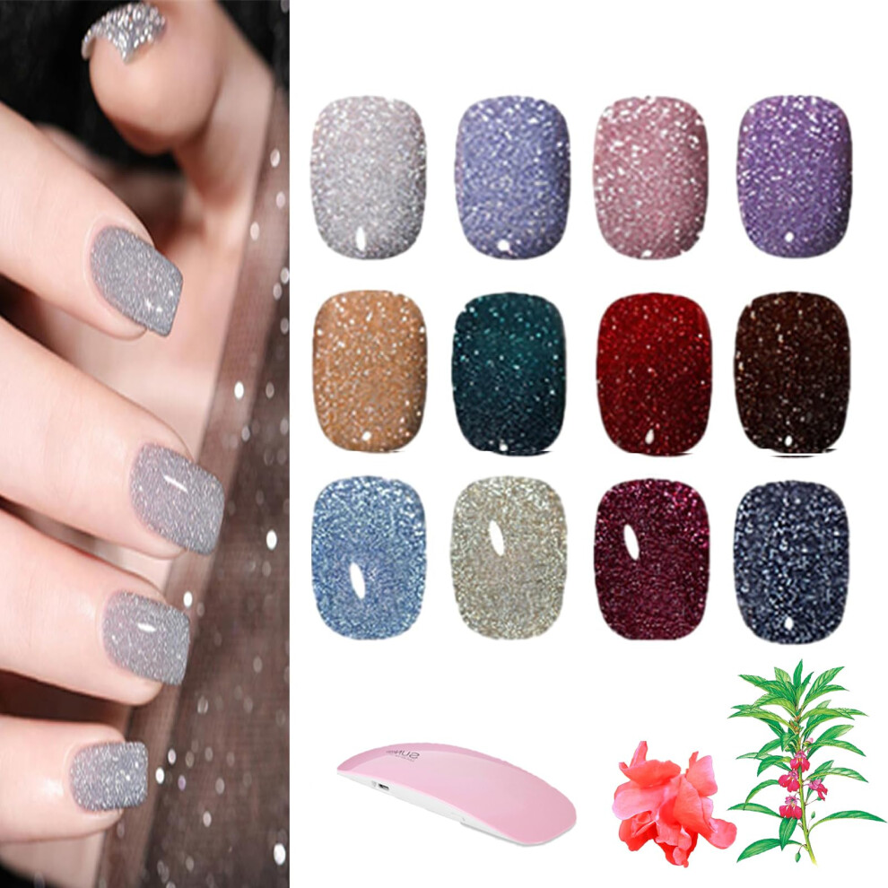 Silver Holographic Glitter Gel Nail Polish Set 12 Colors With Diamond Shine And Herbal Extract 8Ml