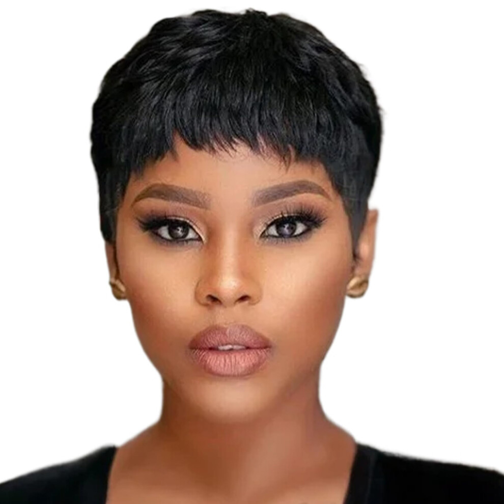 Unisex Black Pixie Cut Human Hair Wig Glueless Lace Front 3 Inch Short Bob With Bangs For Women