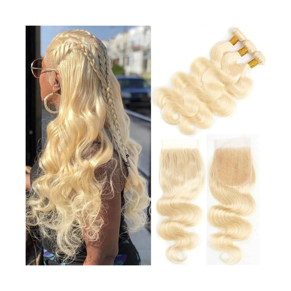 Unisex Brazilian Body Wave Human Hair Bundles 613 Blonde With 4X4 Lace Closure Soft Silky Tangle Virgin Hair