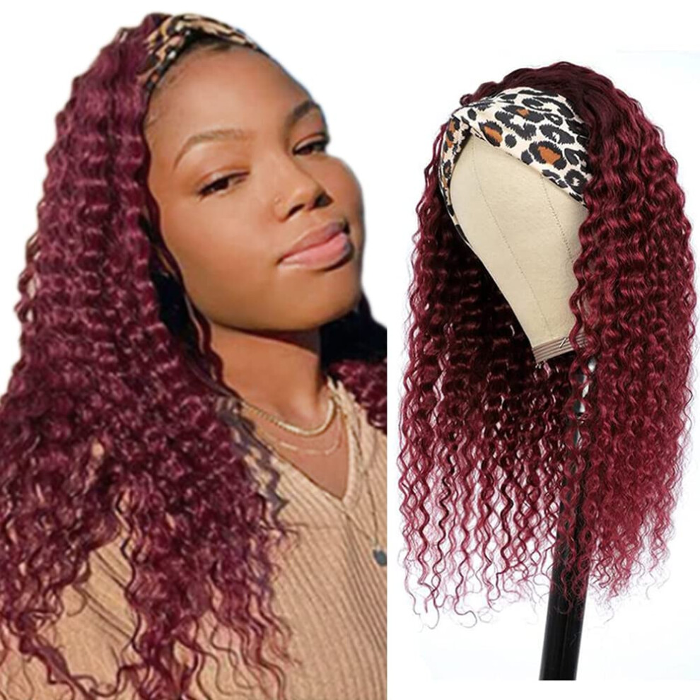 Unisex Red Burgundy Deep Wave Headband Wig 1B99j Ombre Human Hair Brazilian Remy 14 Inch Wine