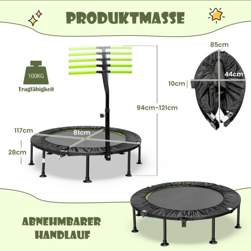 Mini Trampoline with Adjustable Handle, Foldable, 110cm 1