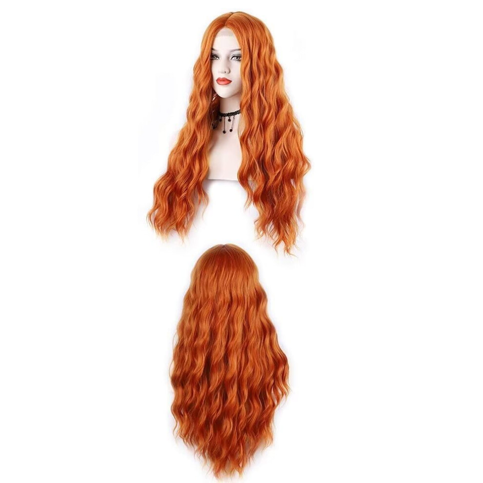28 Inch Water Wave Lace Front Wig  Long Wavy Synthetic Wig for Women with Natural Hairline, Heat Resistant, Orange