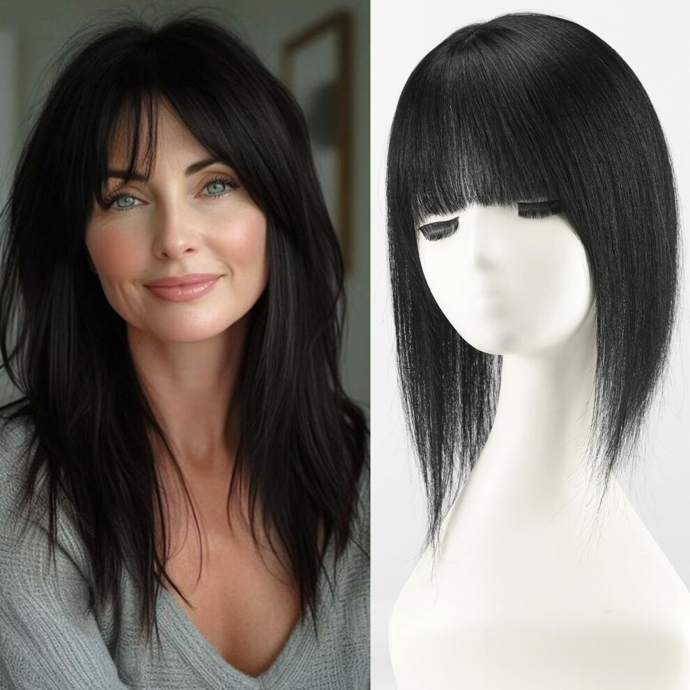 Unisex Silk Base Human Hair Topper 14 Inch With Bangs For Women Thinning Hair, Natural Hairline Clip In