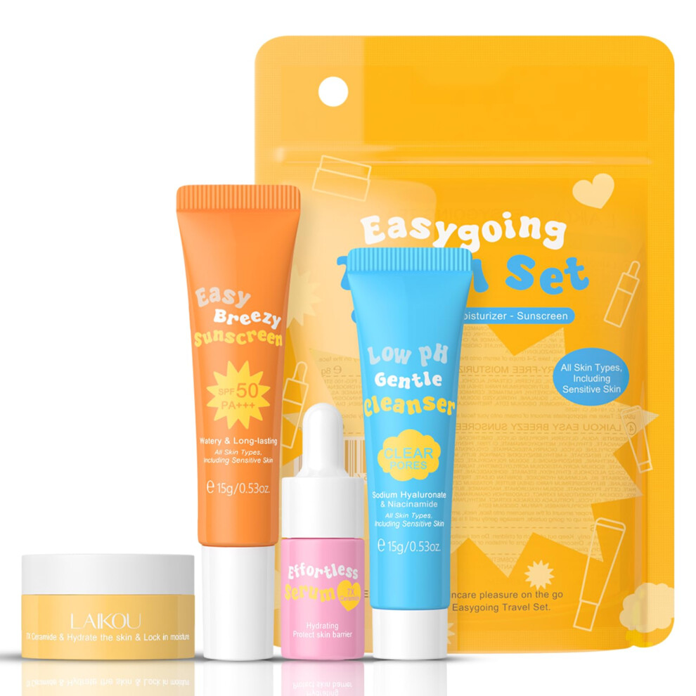 Travel Size Ceramide Skincare Set with SPF50 Sun Protection and Hydrating Serum, TSA Approved 4pcs