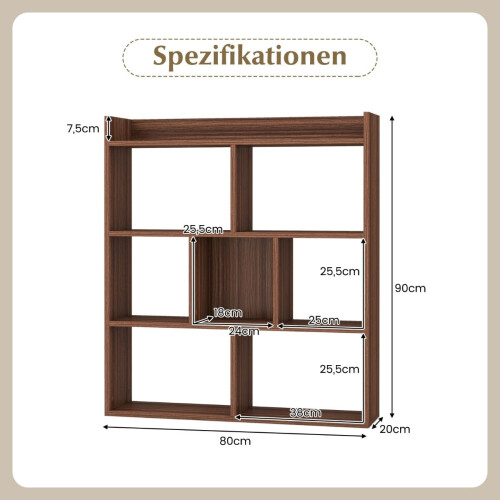Bookshelf with 7 Cubes, Open Back, Walnut Finish, 80x20x90 cm 2